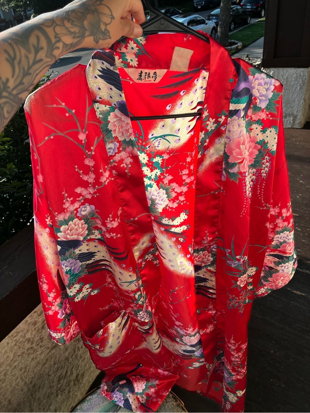 Vintage Red Satin Peacock Kimono Robe Made in Japan Floral Yukata M